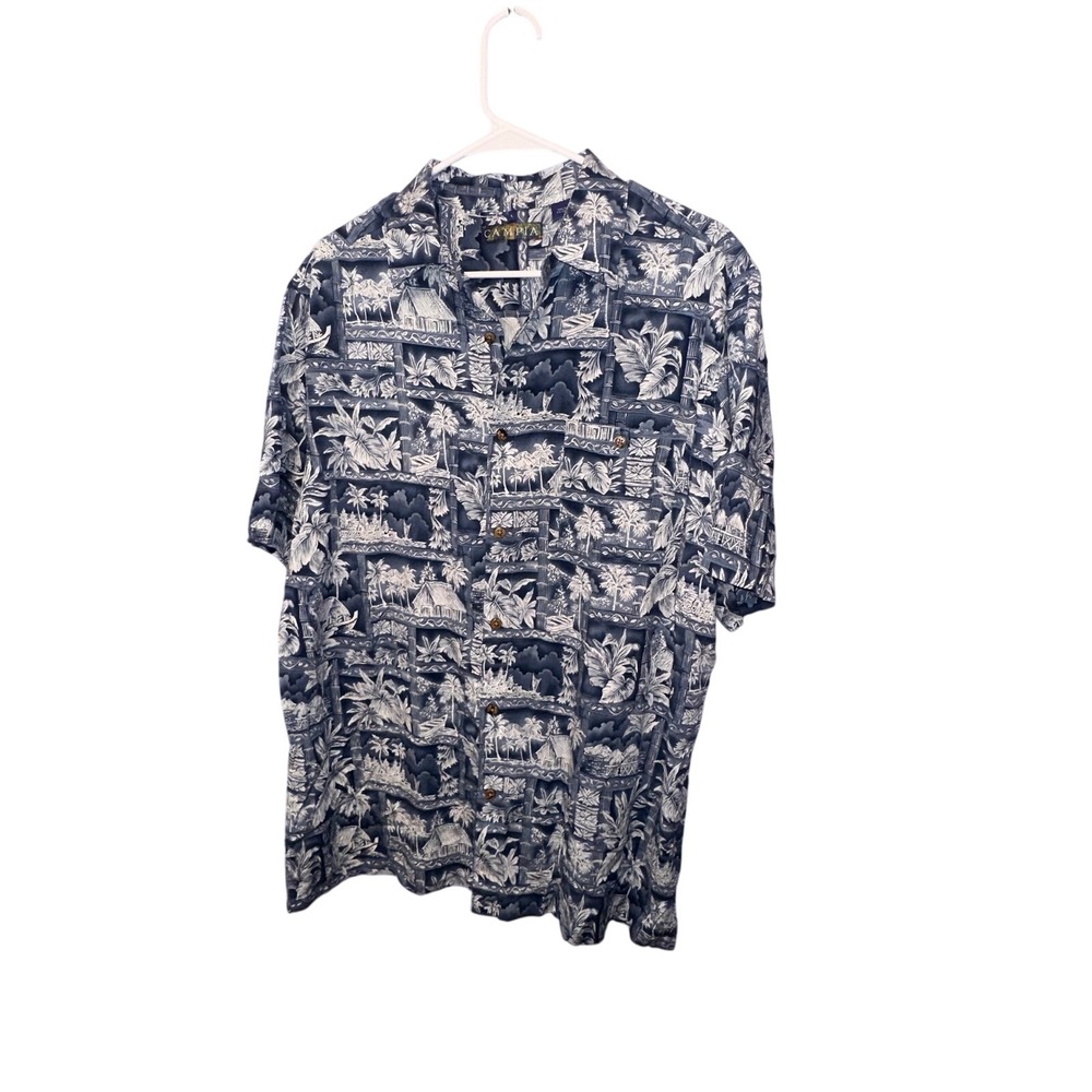 Campia Mens Large Blue Tropical Hawaiian Scenic Rayon Stretch Button Down Shirt